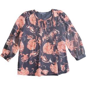 Tommy Hilfiger Top Women XS Multicolor Floral Blouse Tie Neck 3/4 Sleeve Pintuck